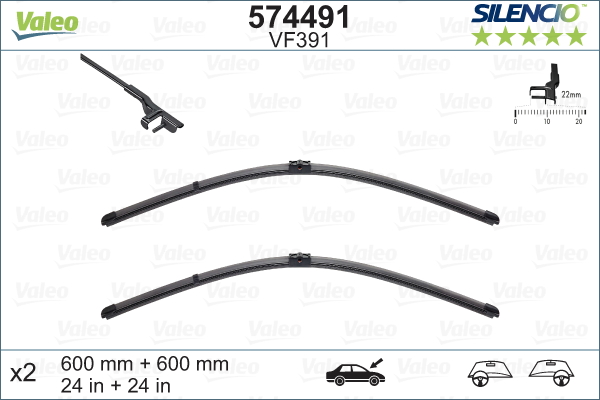 Jeu de 2 balais d'essuie-glace VALEO 574491 - 600+600 mm