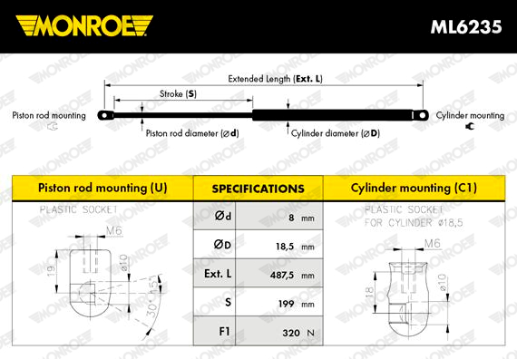 Vérin de hayon de coffre MONROE ML6235